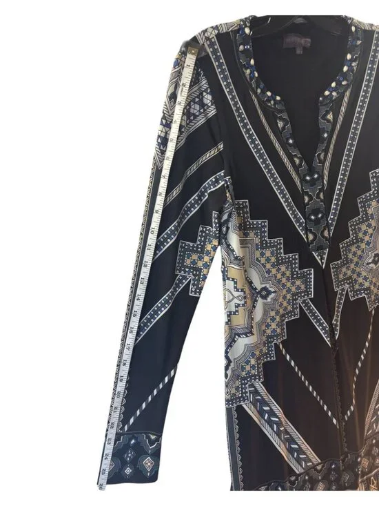 Hale Bob S Beaded Geometric Print Long Sleeve V-Neck Black Tunic Dress - Picture 5 of 6